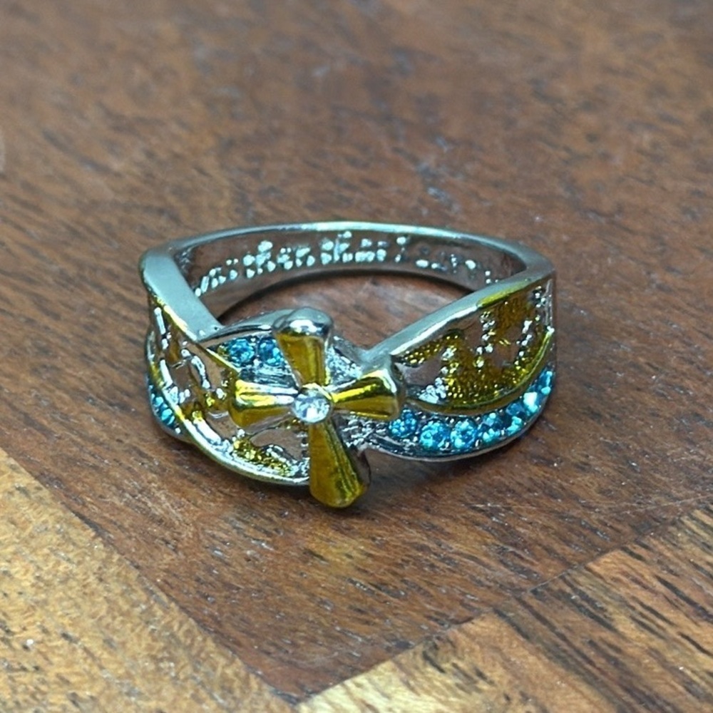 Christian Gold Silver Blue Stone Cross Ring Size 7
